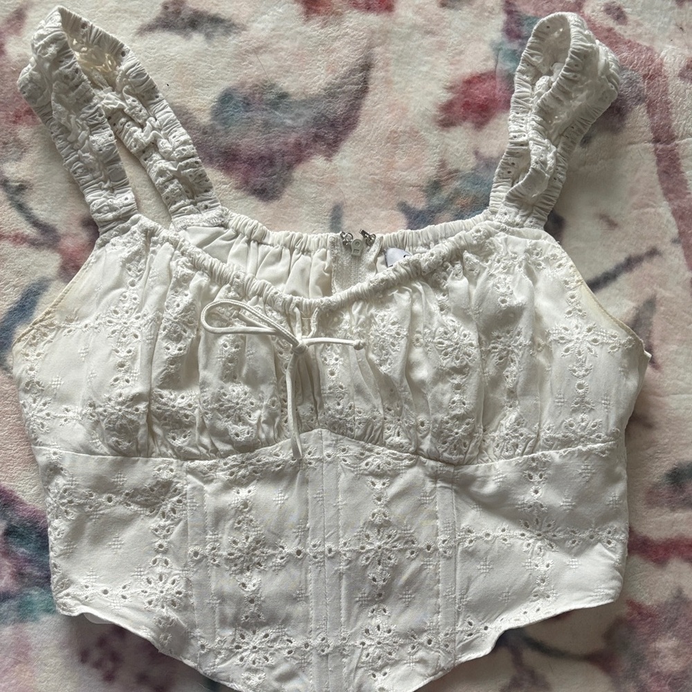 Ivory Eyelet Corset Crop Top with Tie Front. Size S Worn Once